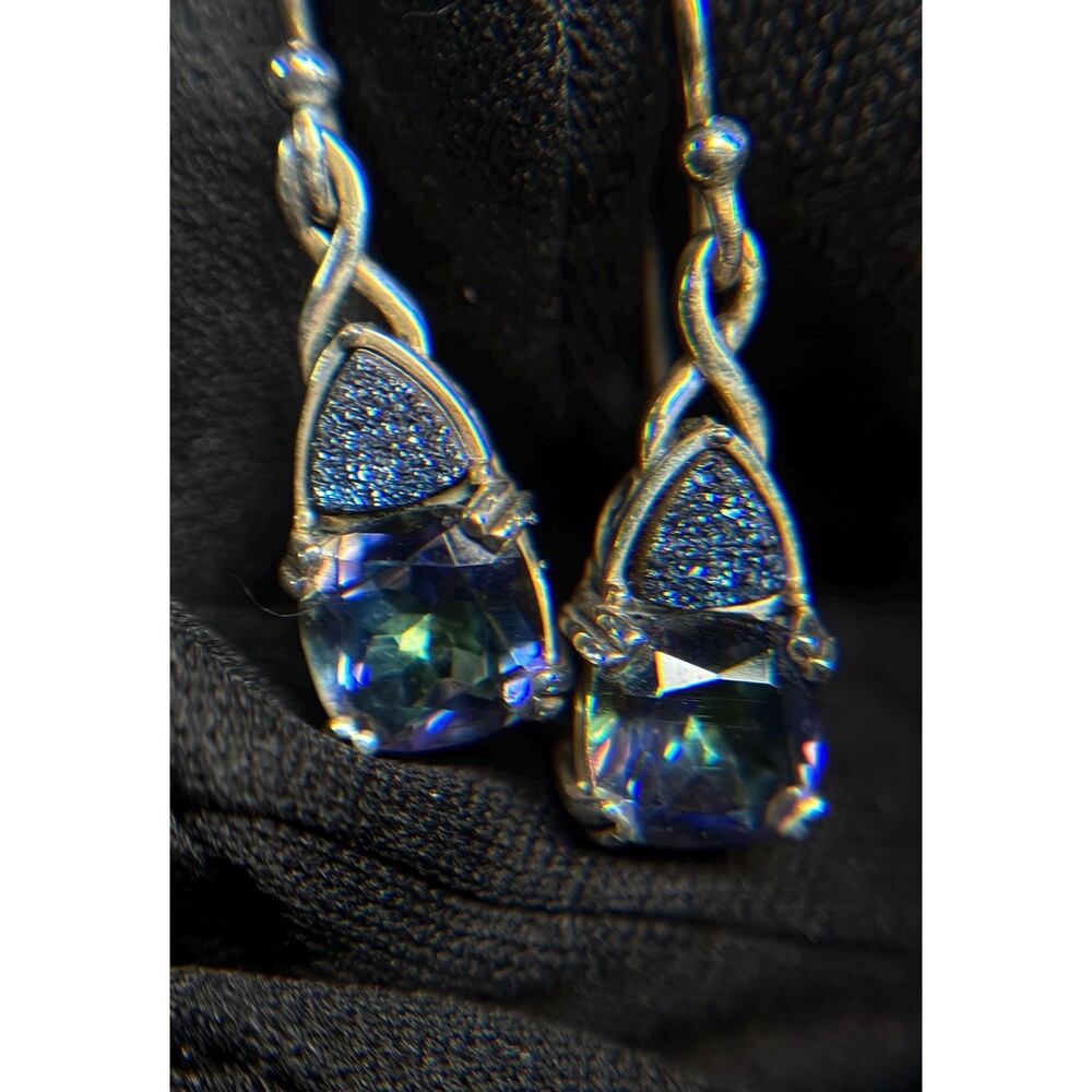 925 Thailand Druzy Amethyst & Mystic Quartz Dangle Earrings Iridescent Gemstone